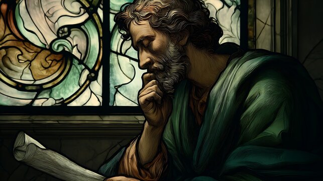 Saint John the Apostle in a contemplative seated posture holding a scroll as a symbol of reflection and writing + minimal stained glass environment with soft flowing patterns suggesting inner thought 
