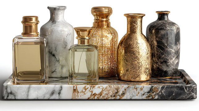 An isolated vintage glass container collection featuring old brown perfume, wine, and vodka bottles alongside a transparent chemical vial and pharmacy jar for medical or laboratory use
