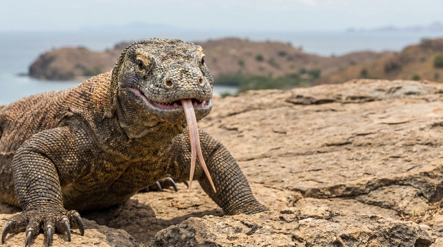 Komodo dragon with tongue out on rocky terrain in natural habitat, funny animal, meme