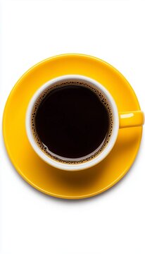 Topdown shot of a cup of back coffee on a yellow sauer isolated on white backgound