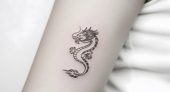 Black Line Art Dragon Tattoo on Light Skin Arm