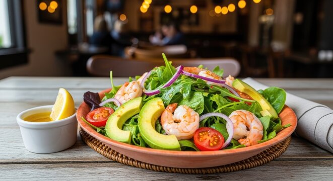 A vibrant shrimp salad sits on a rustic wooden table. The salad features mixed greens, avocado slices, cherry tomatoes, red onion, and succulent shrimp.