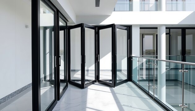 Modern interior with folding doors opening to soft daylight.