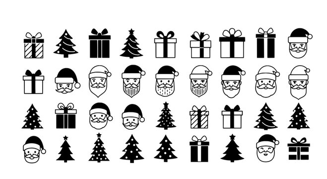 Emoticon winter icons set with beanie hats, holiday gifts, trees, and cheerful faces for seasonal greeting stickers and UI