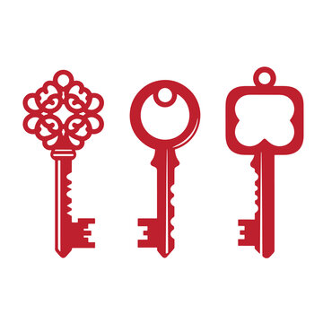 Three red keys on white background, ornate, skeleton, and classic shapes ornate key skeleton key classic key