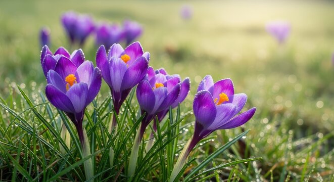 Purple crocuses with yellow centers in a grassy field with dew drops.