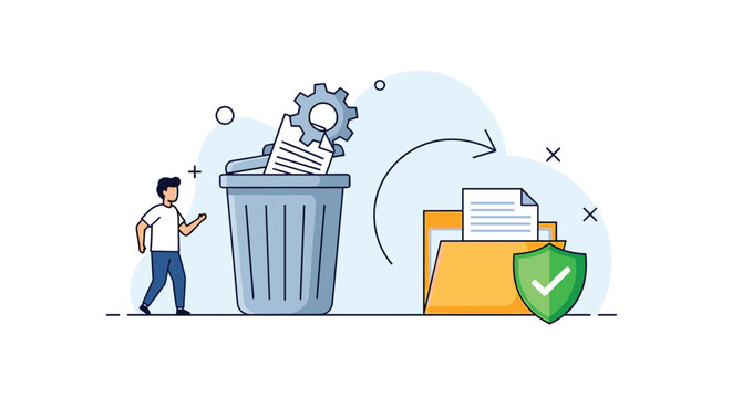 Data recovery and file protection concept showing man restoring deleted document from trash bin to a secure yellow folder.