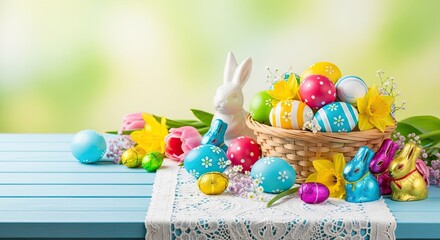 Fototapeta premium Easter eggs and bunnies on a table with a blue tablecloth.