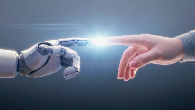 Human and robot finger touch with glowing light futuristic artificial intelligence connection concept technology innovation digital future collaboration 4k video background