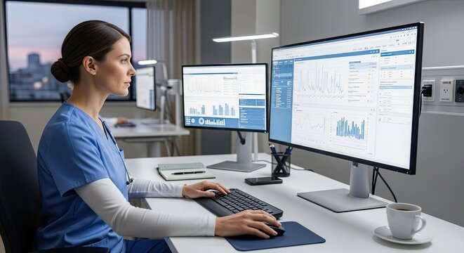 A female healthcare professional sits at a desk, intently reviewing data on multiple computer monitors. She wears a blue scrub uniform and has her hair pulled back in a bun.