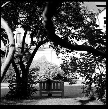 Woman on Bench in Garden Courtyard
