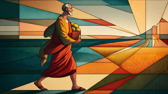 Saint Paul walking with determination carrying symbolic elements of travel and scripture + stylized stained glass terrain composed of geometric paths and distant structures + warm directional light gu