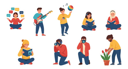 Fototapeta premium Set of diverse people engaged in various hobbies and leisure activities.