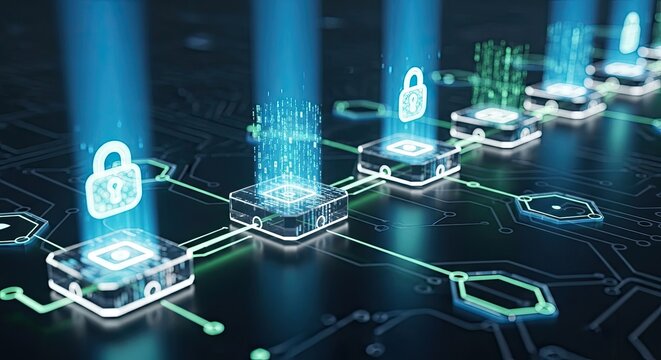 Digital technology protects data. Glowing blue beams illuminate interconnected nodes and data cubes, secured by padlock icons.