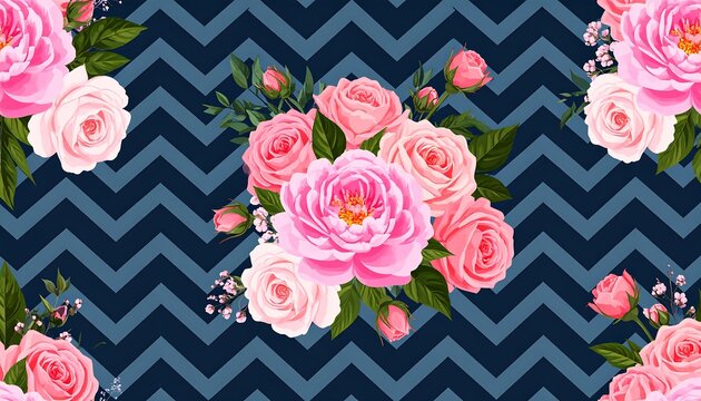 Pink roses bloom on a dark blue chevron background pattern