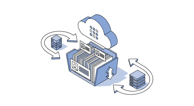 Automated cloud backup and synchronization system showing document folders being transferred between secure server storage units.