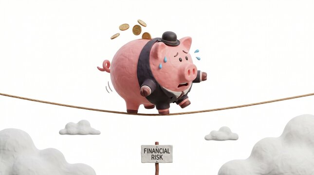 3D pink piggy bank walking tightrope concept