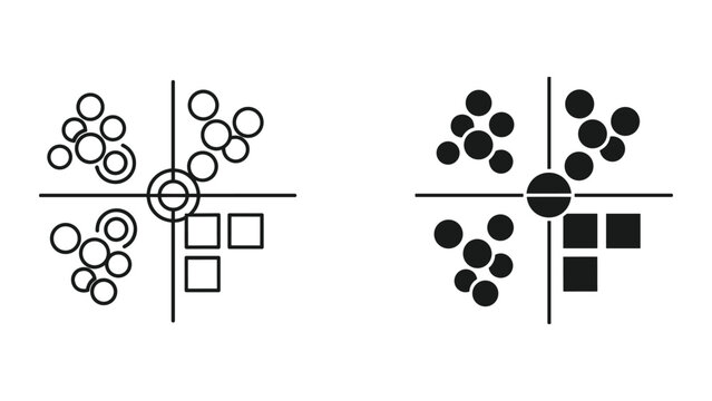 Vector illustration of two sets of black and white circles and squares on a coordinate plane with intersecting lines on white background