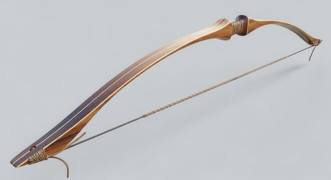 Elegantly crafted traditional recurve bow with natural wood finish against a clean background
