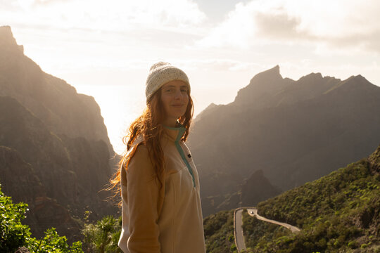 Woman calm mountain sunset