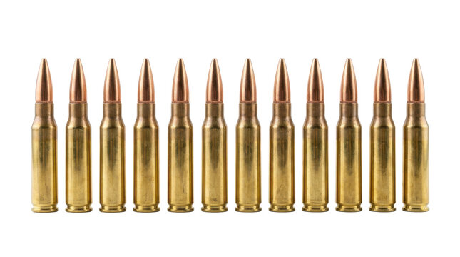 Rifle bullets ammunition arranged in a row isolated on white background, metallic cartridges military and defense concept