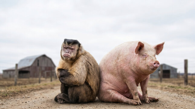 Monkey and pig sitting together on a rural farm path, funny animal, animal meme