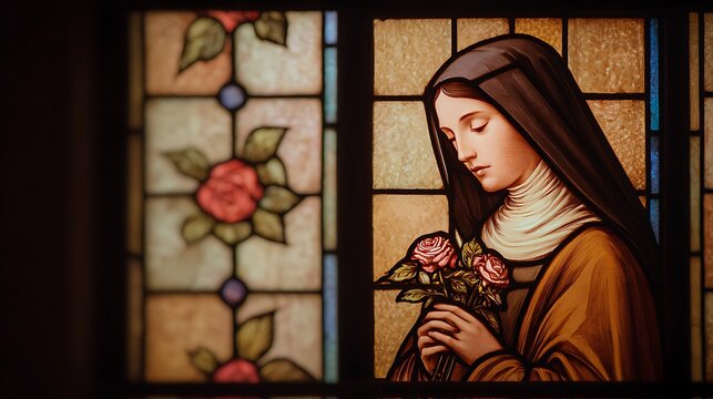 Saint Th&eacute;r&egrave;se of Lisieux holding a small cluster of roses close to her heart as a symbol of humility and devotion + serene chapel interior simplified into geometric stained glass panels with subtle fl