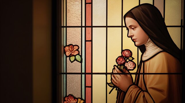 Saint Th&eacute;r&egrave;se of Lisieux holding a small cluster of roses close to her heart as a symbol of humility and devotion + serene chapel interior simplified into geometric stained glass panels with subtle fl