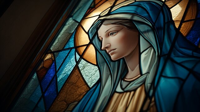 Virgin Mary depicted with a calm protective stance representing maternal guardianship and spiritual care + structured stained glass composition with soft geometric forms and devotional symbolism + sof