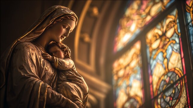 Virgin Mary gently holding a symbolic gesture of embrace representing protection and maternal care + softly structured stained glass environment with flowing curves and subtle devotional motifs + warm