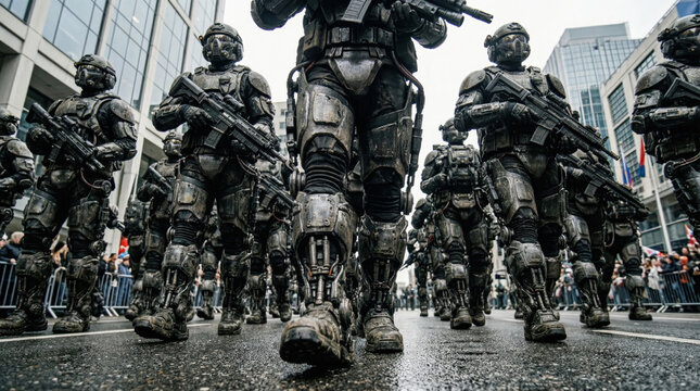 Futuristic soldiers in heavy exoskeleton armor marching through a city street