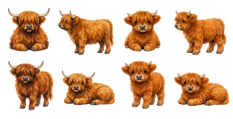 A charming watercolor collection of Highland cow calves featuring fluffy ginger baby cattle with shaggy fur and small horns illustrated in a sweet rustic farm style © liana