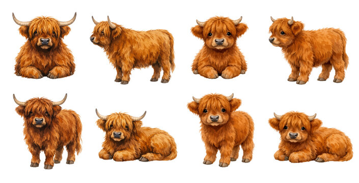 A charming watercolor collection of Highland cow calves featuring fluffy ginger baby cattle with shaggy fur and small horns illustrated in a sweet rustic farm style
