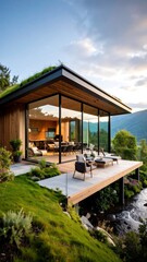 Fototapeta premium Modern house with a grass roof overlooking a stream. Large glass walls reveal interior. Wooden deck, and lush greenery surrounds