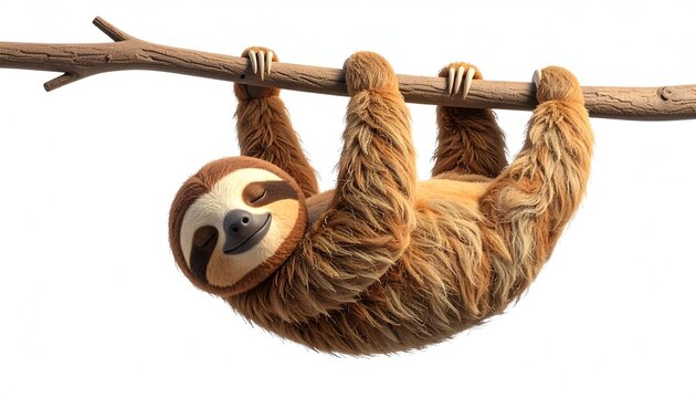 Adorable Three-Toed Sloth Hanging Upside Down from a Tree Branch.