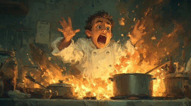 Chef in Kitchen Fire Panic Cartoon Style Illustration