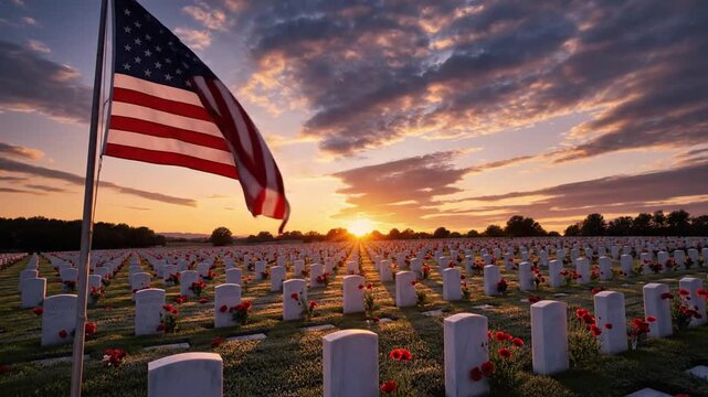 Weathered american flag on a cemetery pole above rows of white headstones and red flowers at sunset