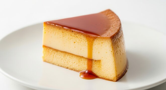 A delightful slice of creamy flan with a golden caramel topping and a soft cake base