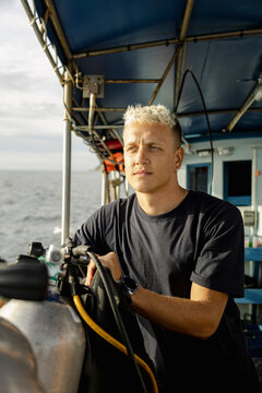 Scuba Instructor on Dive Boat Koh Tao, Thailand
