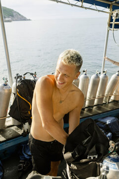 Scuba Instructor Packing Gear After Dive Koh Tao, Thailand