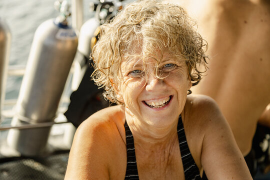 Senior Woman Smiling After Scuba Dive Koh Tao, Thailand
