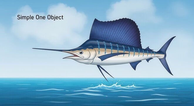 Dynamic cartoon sailfish illustration leaping majestically from clear ocean water under a blue sky