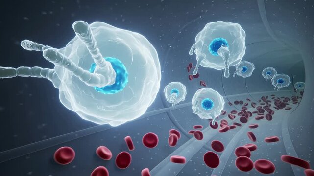 An immune cell attacks and destroys foreign invaders in the bloodstream.