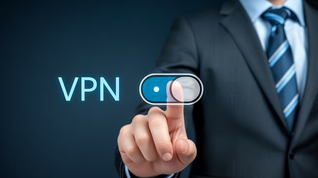 Businessman enabling virtual private network on a digital interface for secure online activity