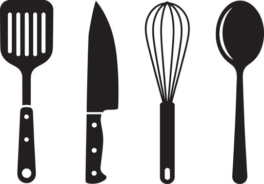 Black and white silhouette of kitchen utensils including spatula knife whisk and spoon