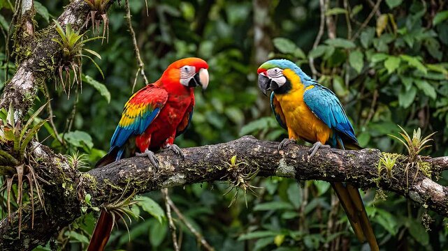 Two colorful macaws perched on a tree branch in a lush green forest.