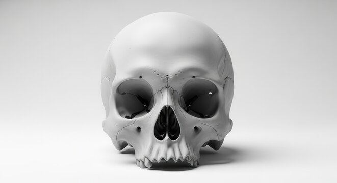 Intricate anatomical human skull study rendered in monochromatic tones against a stark white