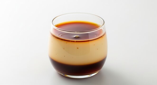 Elegant layered caramel custard dessert in a clear glass on a pristine white background,