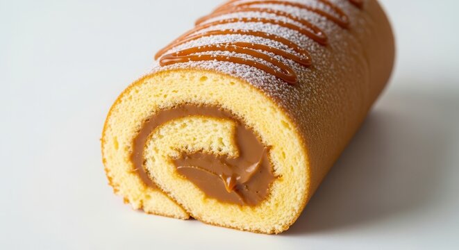 Golden yellow sponge cake roll filled with rich dulce de leche and adorned with a caramel drizzle