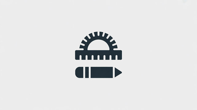 A minimalist icon design of a protractor and pencil in dark gray against a white background